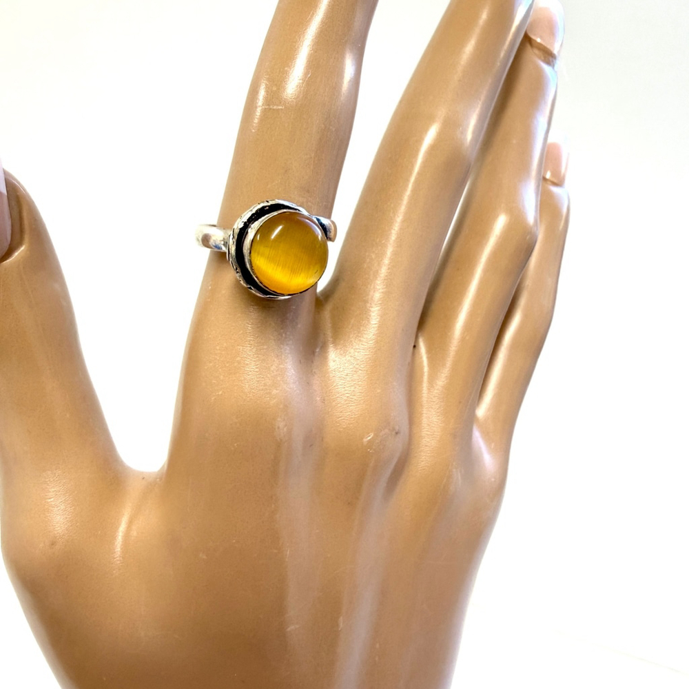 Handmade Ring Cat’s Eye‎ Glass Sterling Silver Plated Adjustable Size 7–8